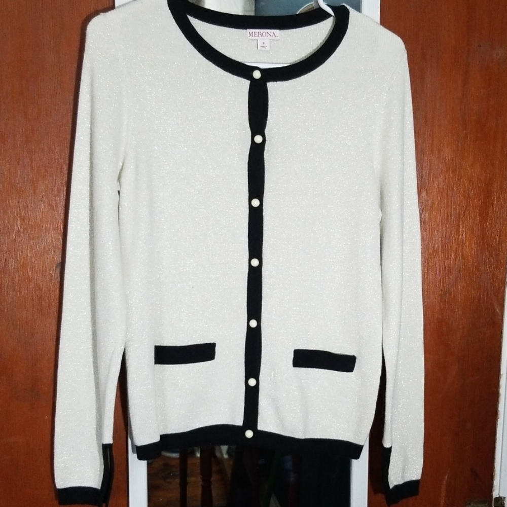 Cream Colored Sparkly Cardigan with Black trim